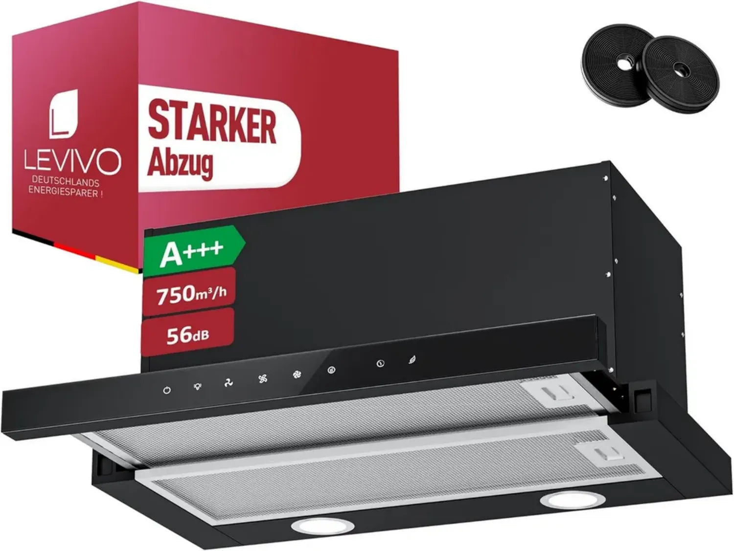 LEVIVO Dunstabzugshaube 60cm, Umluft und Abluft, 750 m³/h, Flachschirm mit Aktivkohle- und Fettfiltern, 3 Leistungsstufen, LED-Beleuchtung, Schwarz